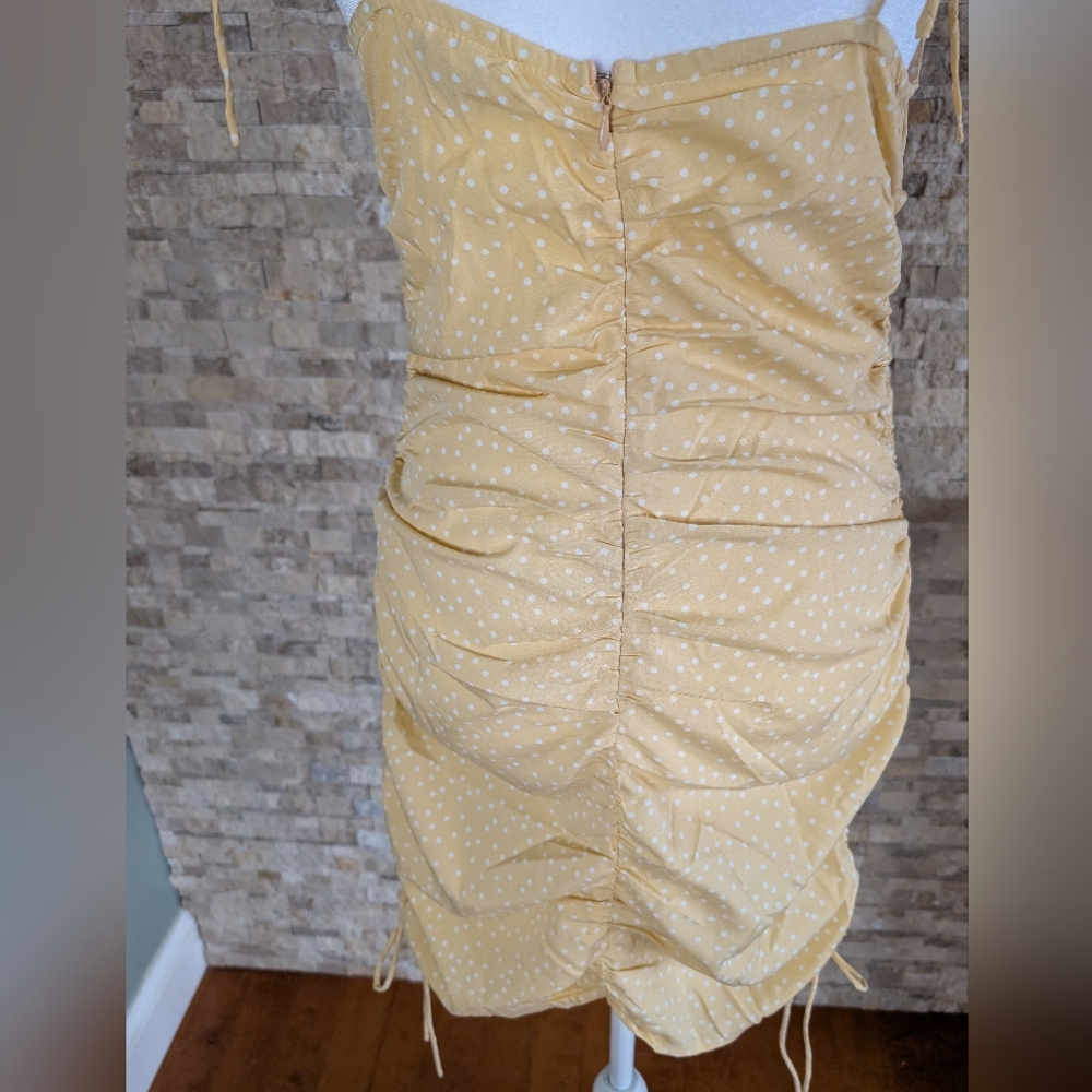 Yellow Polka Dot Cowl Neck Mini Dress Feminine Spring Date Look Sz M image 3